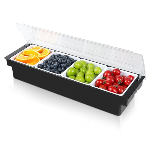 JUSINGMI Bar Fruit Condiment Caddy With Lid,Bar Garnish Tray Caddy For Bartenders,Plastic Toppings Container For Fruits,Ice Cream,Salad (4 Compartment)
