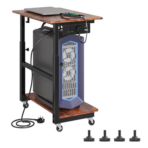 HavenlyYouth 2-Tier Computer Tower Stand with Power Outlet, Height Adjustable PC Stand with Wheels, ATX-Case CPU Holder Cart with Hooks for Home, Office, Gaming