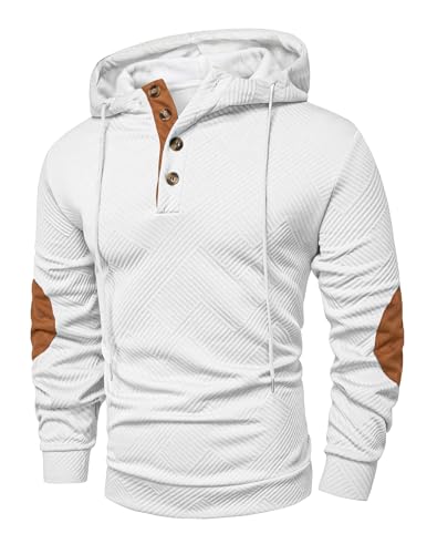 JMIERR Men's Cotton Textured Vintage Button Casual Henley Hoodie White