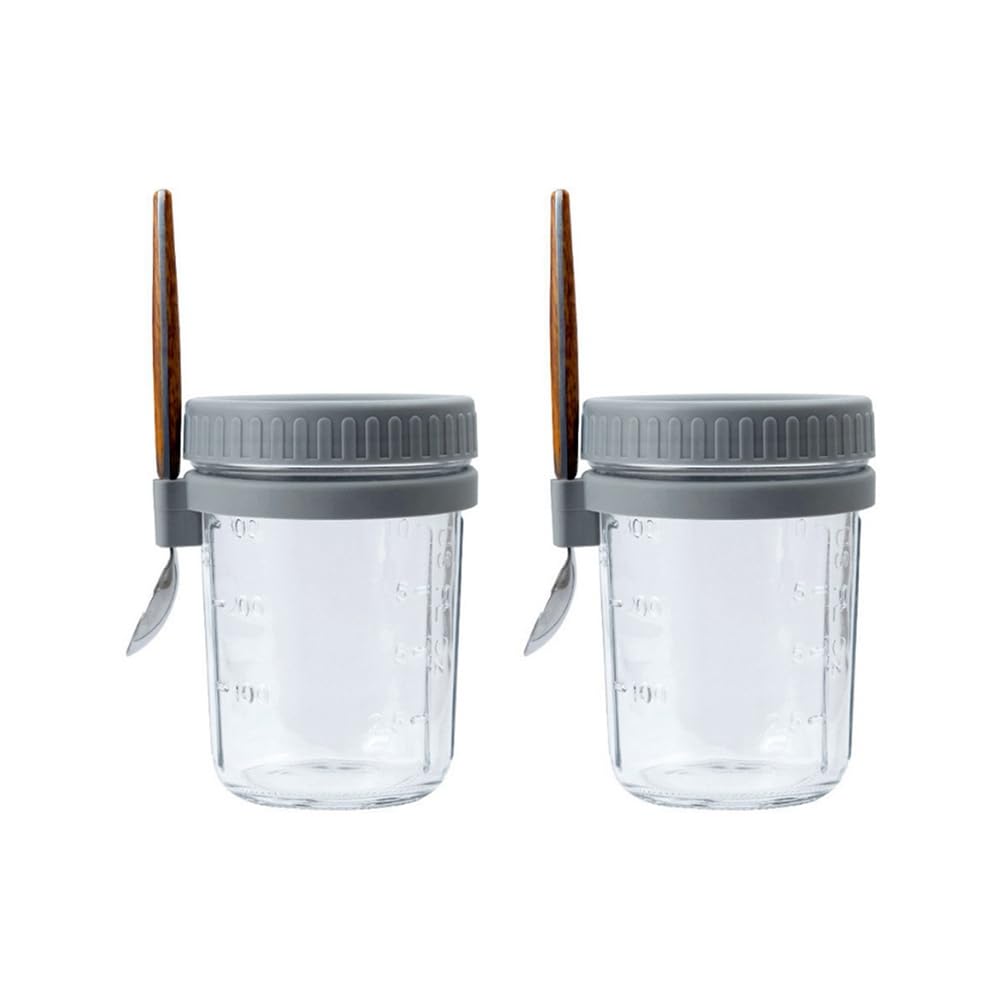 CTRLZS 2pcs Breakfast Cup Container Airtight Oatmeal Jar with Cover and Spoon Portable Oatmeal Cup for Salads Cereal Grey