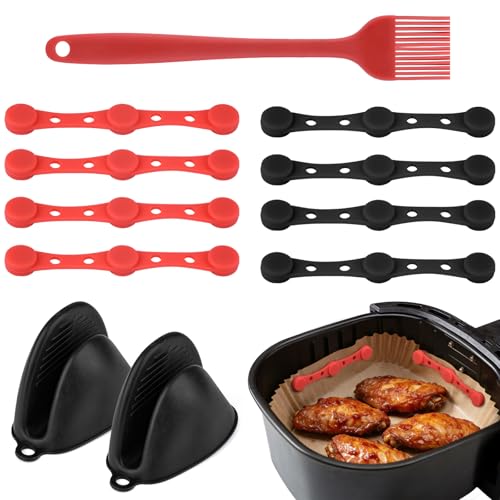 11 Stück Magnete für Airfryer Backpapier - Silikon Befestigung für Heißluftfritteuse Zubehör,12cm Lang Einfache Anwendung,8 Magnete &1 Silikon-Pinse & 2 Handschuhe für Single & Dual Basket Airfryer