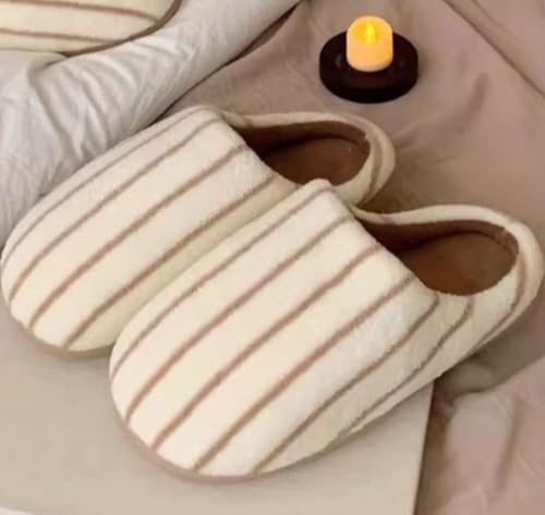 Hycurey Winter Cotton Striped Slippers For Women Men Fashion Couple House Indoor Cozy Plush Slip On Warm Pluffy Bedroom Shoes2