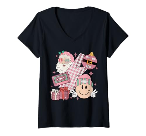 Mujer Retro Groovy Christmas Tee Rosa Santa Girl Camiseta Cuello V