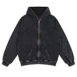 SnowElve Mens Zip Up Hoodie Women Full Zip Hoodies Vintage Acid Wash Oversized Sweatshirts Hooded Sweatshirt Streetwear(Black,XL)