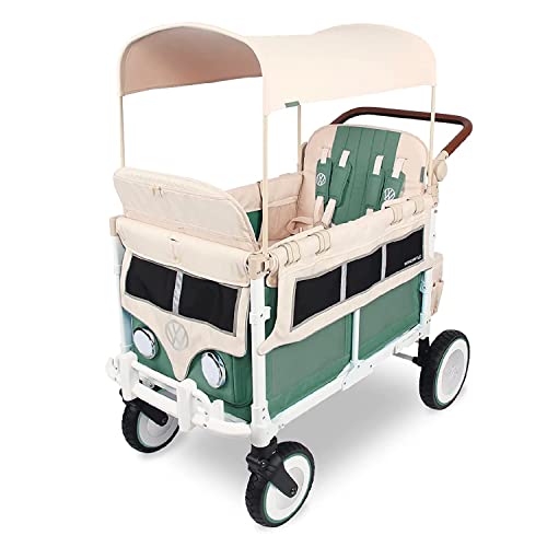 WONDERFOLD Volkswagen Quad Stroller Wagon (4 Seater) Featuring Classic VW Bumper, Functioning Headlights, and Retro All-Terrain XL Wheels with Suspension and Bearings, Sage Green