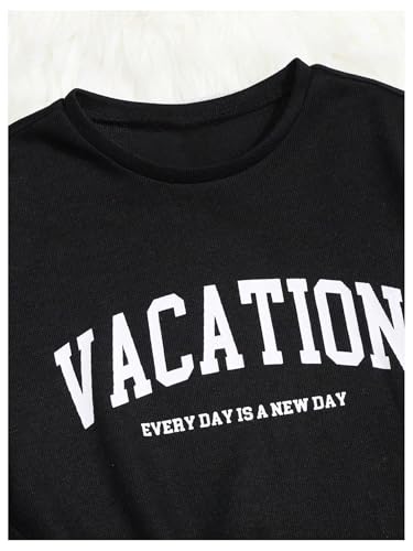 Image of Verdusa Girl's Tracksuit Sets 2 Piece Outfits Letter Print Vacation Tee Top and Drawstring Waist Shorts