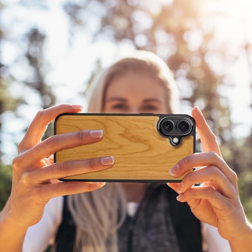 Image of Carveit Wood Case for iPhone 16 Plus, Natural Grain, Cherry | Magnetic iPhone 16 Plus Case Compatible with MagSafe Wireless Chargers, Engraved Wood with Soft TPU Shockproof Bumper