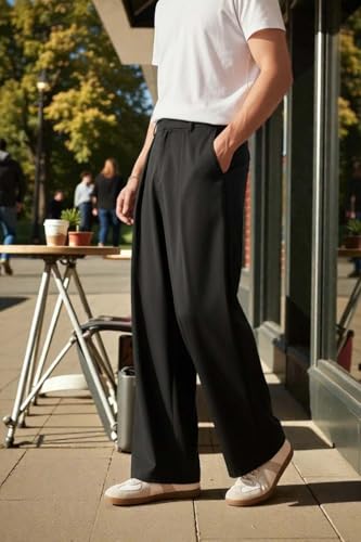 Image of KOTTY Men's Wide Leg Casual Style Korean Trousers with Relaxed Fit Tailoring Modern Structured Design for Professional Wear
