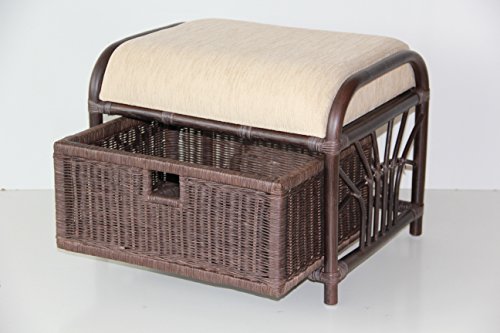 Krit Handmade Rattan Wicker Ottoman Footstool Pouf Stool W/Basket W/Cushion Color Dark Brown #TOP1