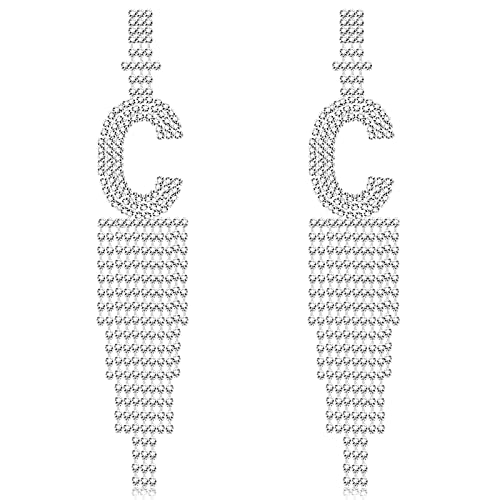 Ronglry Rhinestone Initial Earrings For Women Clear Rhinestone Crystal Tassel Statement Earrings Silver Sparkle Letter Dangle Drop Earrings Long Chandelier Party Earrings For Women Girls C #TOP23