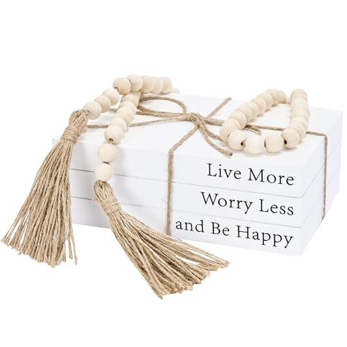 Decorative Books for Home Decor, White Faux Books for Decoration, Rustic Farmhouse Stacked Display Books with 52in Wood Bead Garland for Coffee Tables Living Room, (Happy)