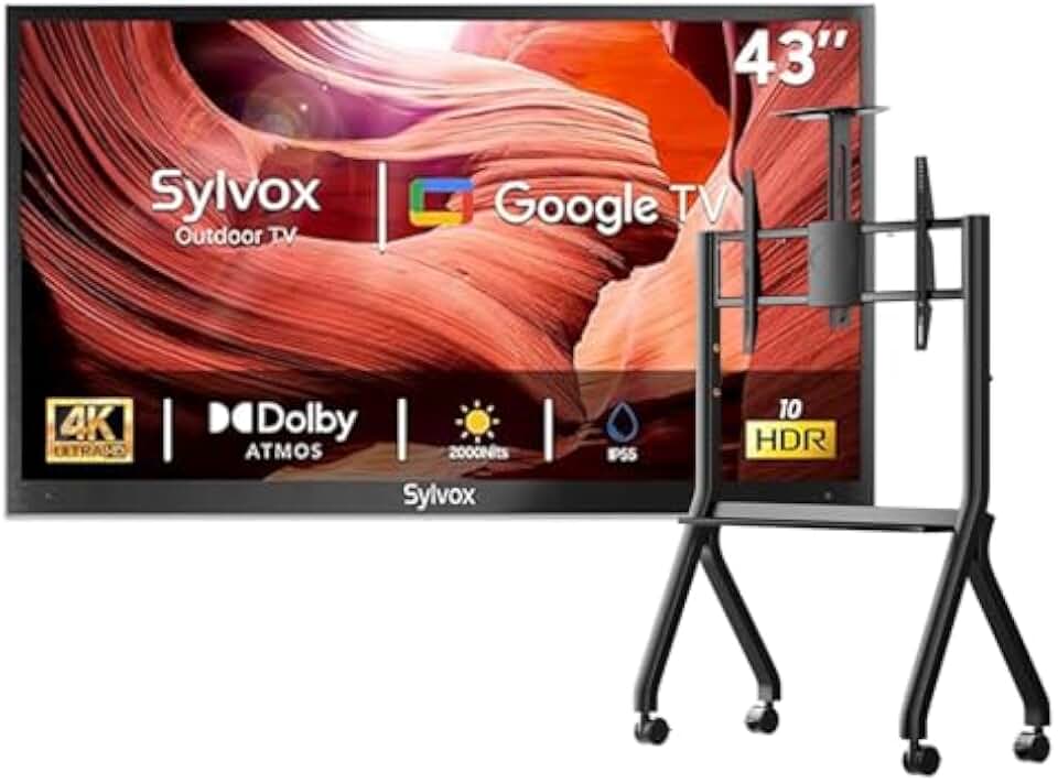 SYLVOX Outdoor TV with Rolling Stand, 43 inch 2000 Nit Full Sun Smart TVs, Sunlight Readable, IP56 Waterproof, 4K TV for Outdoor Households or Commercial Places