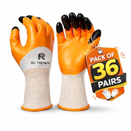 Image of Safety Gloves - Nylon Nitrile Coated Industrial & Home Cut Resistant Hand Gloves. (Pack of 36 Pairs, Orange (Double Coated))