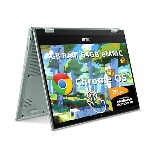 Image of ASUS Chromebook Flip 14" FHD Touch Laptop, MediaTek Kompanio 520, 4GB RAM, 64GB eMMC, MediaTek Integrated Graphics, 720p HD Webcam, Chrome OS, WiFi 6, Gray Green(Renewed)