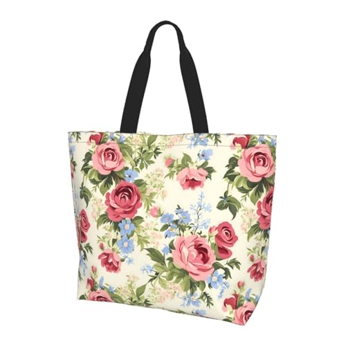 OLUSENMO Pink Rose Floral Tote Bag Large Durable Handbag Lightweight & Stylish,Perfect for Beach/Travel/Work-19.7x15.7x5.9 Inch