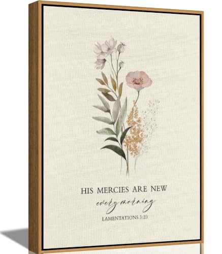 Framed Christian Floral Scripture Canvas Wall Art Boho Bible Inspirational Picture Wall Decor His Mercies Are New Every Morning Poster Print Artwork for Prayer Room Church Study Living Room Home Decoration