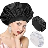 Seidenhaube zum Schlafen 2 Stück Satin Haarhaube, Haarhaube für die Nacht, Bonnet Seide für Locken Glatte Haare, Anti-Frizz Weiche Bonnet - Schwarz + Silber + 2 Haargummis