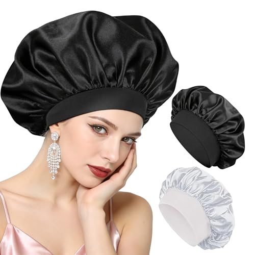 Gorro de Seda para Dormir, 2 Piezas Gorros de Satén para el Cabello, Gorros Nocturnos para Cabello Rizado y Liso Antifrizz, Gorros Suaves, (Negro + Plateado + 2 Ligas para el Cabello)