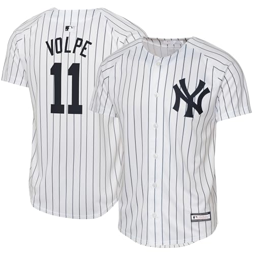 Design autentico: maglia bianca ufficiale dei New York Yankees con nome e numero di Anthony Volpe in classico stile gessato