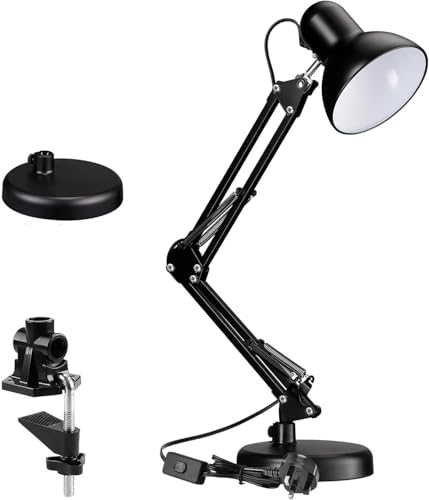 Metal Desk Lamp Metal Swing Arm Desk Lamp Interchangeable Base Or Clamp Classic Architect Clip On Eye-Caring Study Table Lamp Multi Joint Adjustable Arm for Home Office Work Study Reading