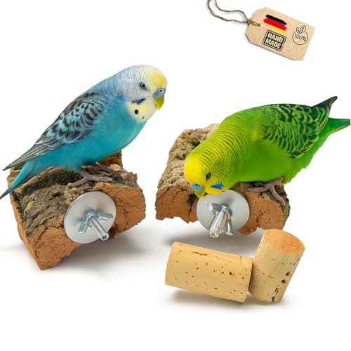 2× Korksitzbrett 10×10 cm – Naturkork inkl. Befestigung + Knabberkorken | Für Wellensittiche & Vögel – Spaß & Natur pur garantiert. Schnabel + Krallenpflege
