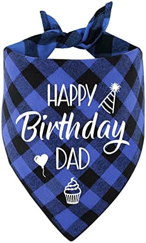 NTKIO Funny Blue Plaid Cotton Pet Dog Bandana, Happy Birthday Dad Dog Scarf Gender Reveal Photo Prop Accessories Birthday Party for Pet Dog Master Lovers Owner Gift, Medium