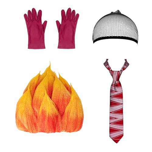 Xnetsby 4 Pcs Halloween Angry Costume Include Flame Wig Hair Cap Stripe Tie Gloves for Men Women Dress up