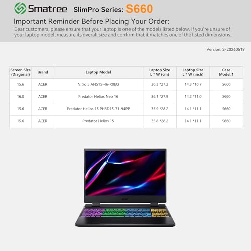 Pochette ordinateur portable Smatree SlimPro premium pour ACER Nitro 5 et Predator Helios 15 - 2