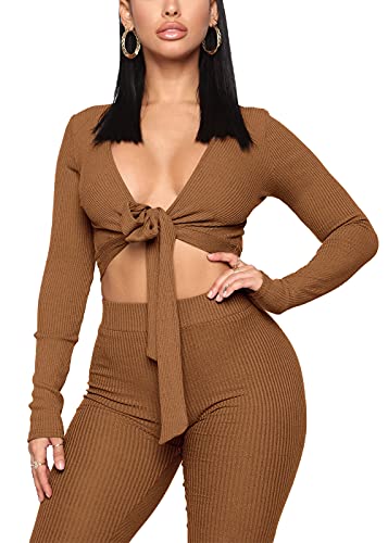 Womenâ€™s 2 Piece Tracksuit Lace-up knitted Crop Top and Long Bodycon Pant Set Sweatsuit Clubwear Outfits, Trending Fall Athletic Two Piece Colthing Sets for Women (Khaki, S)
