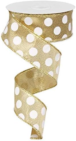 Polka Dot Wired Ribbon, Gold White, 1.5 Inch x 50 Yard
