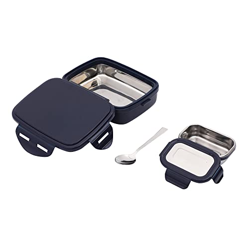 Image of JAYPEE Inner Stainless Steel Insulated Lunch Box Wavesteel Sr. Dark Blue, 600 ml, Airtight Tiffin Box for School Kids |Spillproof with Silicon Seal |Food Grade | BPA Free