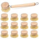 12pcs Dish Brush with Wooden Handle Natural Kitchen Brush Washing Scrubber Kitchen Dishwashing Washing Up Brushes Heads Bristle Brushes Refills for Sinks Cleaning Cast Iron Pots Pans Vegetables