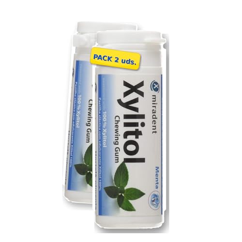 Pack 2 x Chicles de Xylitol Miradent 30 uds (60 uds) – Chicles sin azúcar en bote, con xilitol, formato práctico para llevar, pack ahorro (Menta)