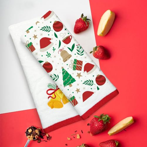 Qute Home Christmas Kitchen and Bathroom Hand Towels Set - 2 Packed Embroidered Decorative Cotton Fingertip Towels, Dish Towels for Décor, Xmas Bell