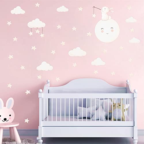 Moon Star Wall Decals Cartoon Rabbit Wall Stickers Cute Bunny Wall Decals Moon Cloud Wall Decals Watercolor Moon And Star Wall Stickers For Nursery Girls Bedroom Baby Room Decor #TOP8