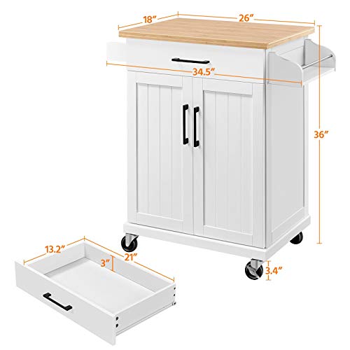 Topeakmart Kitchen Island Cart with Storage Cabinet and 1 Drawer, Rolling Kitchen Cart with Towel Rack & Spice Rack, Bamboo Countertop, White - Thumbnail 4