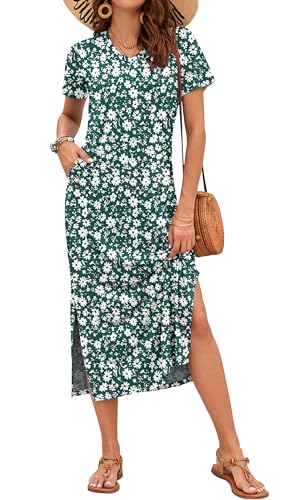 AUSELILY Summer Dress for Women Short Sleeve Maxi Beach V Neck Split Sundress with Pockets Elegant Cosmos Green S