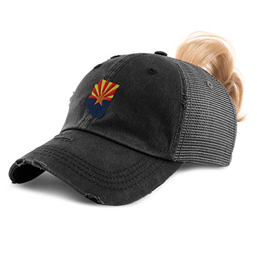 Womens Ponytail Cap Arizona Flag State Embroidery Cotton Messy Bun Distressed Trucker Hats Strap Closure Black Design Only