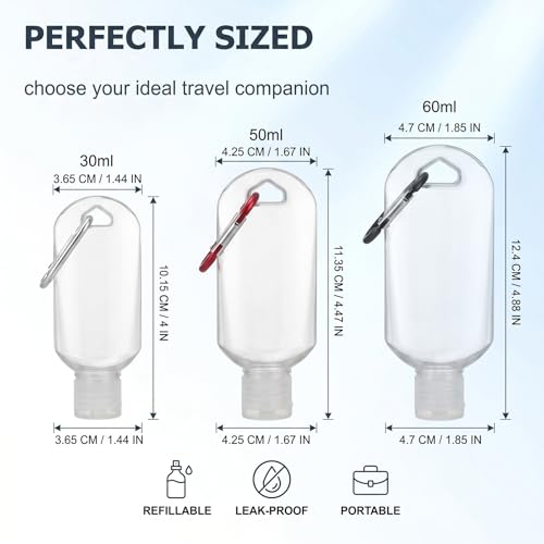ITCGOB 6 Pièces Flacon de Voyage avec Crochet, Bouteille de Voyage Rechargeable en PETG (30ml 50ml 60ml), Récipient Vide Portable pour Gel Hydroalcoolique, Shampoing et Cosmétiques, Transparent – vue 5