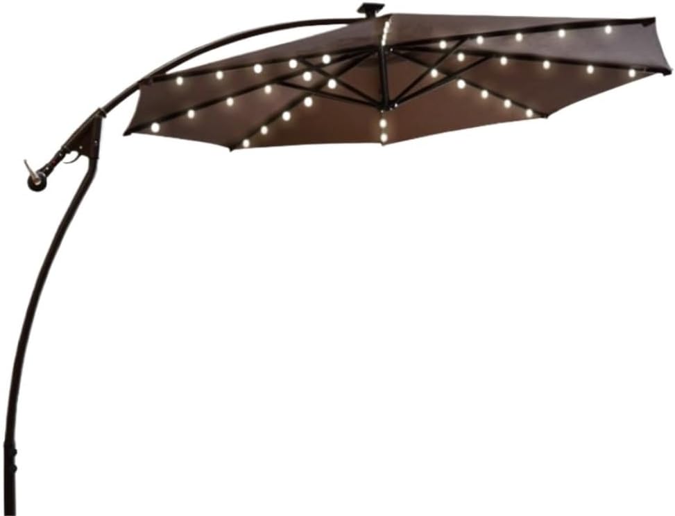 Garden Parasol Beach Umbrella 9.8ft Solar LED Patio Outdoor Umbrella Hanging Cantilever Umbrella Offset Umbrella Easy Open Adustment with LED Lights Garden Umbrella Patio,E-9.8ft/3M