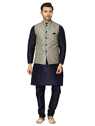 Image of Uri and MacKenzie Men's Silk Blend Regular Kurta Churidar Pyjama with Bundi Nehru Jacket /Waistcoat