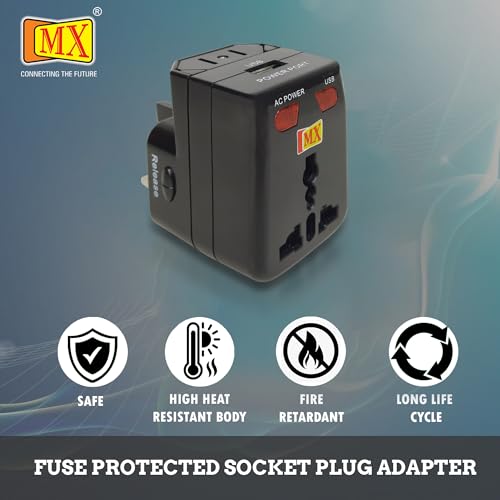 Image of MX Universal Travel Adapter with USB Port, International Power Plug with LED Indicator and Built-in Fuse, All in One Multi Country Adapter for US UK EU AU, Compact Travel Charging Solution