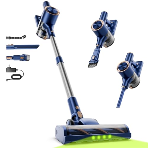 Shieal Cordless Stick Vacuum Cleaner - 45KPA Powerful Suction Vacuum with 45 Min Runtime, Detachable Battery, Anti-Tangle & 1.5L Dust Cup, 8 in 1 Vacuum Cleaner for Pet Hair, Carpet, HardFloor, Blue