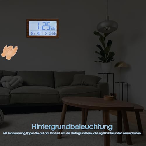 Crosstime Digitale Funkwanduhr mit großer Anzeige – Holzoptik (Nussbaum), DCF77, Datum, Wochentag, Temperatur & Luftfeuchtigkeit, Hintergrundbeleuchtung – lautlos, 12/24h, batteriebetrieben