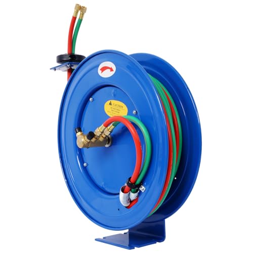 Welding Hose Reel Retractable 1/4 Inch x 50 Foot Twin Oxygen Acetylene Rubber Hoses STD Duty Max 200PSI Heavy Duty Industrial Single Arm Construction (19L×8.5W×20H)