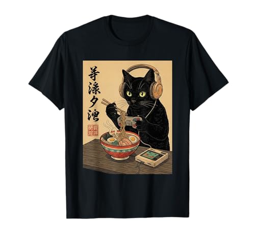Cute Kawaii Gamer Cat Funny Ramen Retro Japanese Cat Gaming T-Shirt