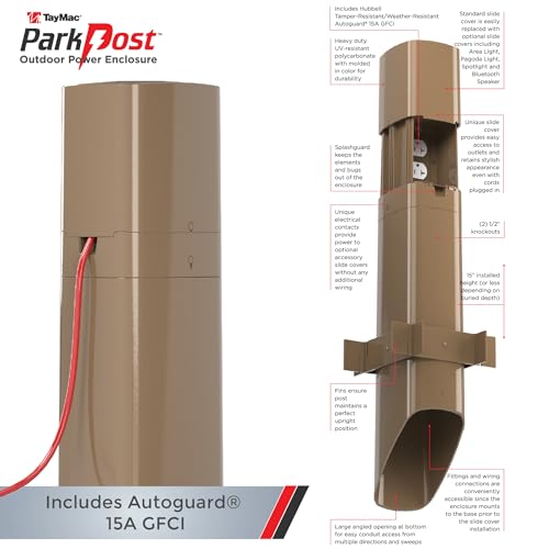 TayMac Outdoor Comforts 13-in. 1-Gang Bronze Weatherproof in-use Power Post Enclosure and TRWR GFCI Receptacle PP55GZ, Outdoor Power Stake for Garden, Weatherproof Outlet Box and Outdoor Outlet Cover - Thumbnail 4