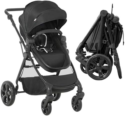 HOMCOM 2 in 1 Pushchairs and Strollers w/Reversible Seat, Single Hand Foldable Lightweight Baby Stroller w/Fully Reclining Backrest 5-Point Harness Adjustable Handlebar, from Birth to 3 Yrs, Black