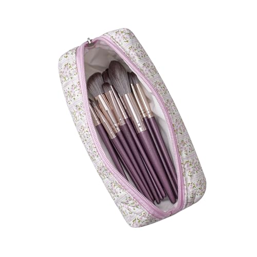 Cute Floral Cotton Makeup Brush Cosmetic Bag for Women, Travel Quilted Zipper Make Up Bag, Flowers Toiletry Organizer Case Kawaii Makeup Cosmetic Travel Cloth Pouch (Pink Floral)2