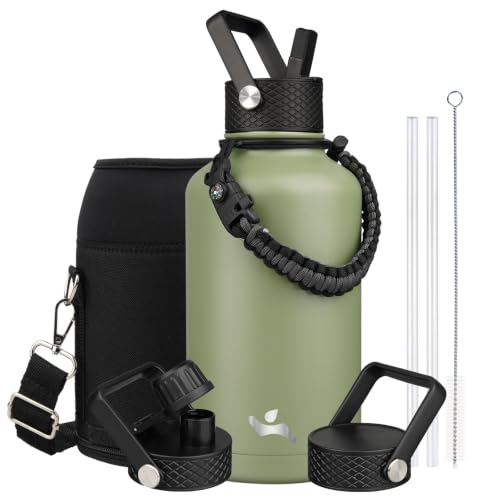Image of Konokyo Half Gallon Insulated Water Bottle with Straw,64 oz 3 Lids Water Jug with Carrying Bag,Paracord Handle, Double Wall Vacuum Stainless Steel Metal Flask,Camp Green